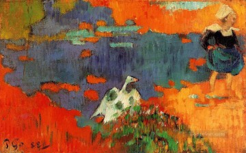 家禽 Painting - ポール・ゴーギャン ブルターニュの女性と水辺のガチョウ 1888年